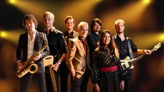 Die Hermes House Band vor einem dunklen Hintergrund mit gelb-orangenen Spots