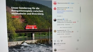 Bei Instagram hat die Bahn scherzhaft das Foto eines Mini-Zuges gepostet, wie sie ihn sich für die Relegationsspiele zwischen Elversberg und Heidenheim vorstellt. (Screenshot)