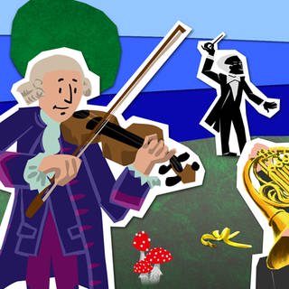 Animationsbild mit einigen Protagonist:innen der Musikgeschichten in 60 Sekunden