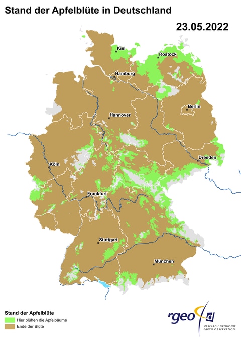 Landkarte der berechneten Ausbreitung der Apfelblüte in Deutschland am 23. Mai 2022. (Foto: SWR) Landkarte der berechneten Ausbreitung der Apfelblüte in Deutschland am 23. Mai 2022.