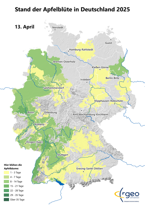 Landkarte der berechneten Ausbreitung der Apfelblüte in Deutschland am 13. April 2025 (Foto: SWR) Landkarte der berechneten Ausbreitung der Apfelblüte in Deutschland am 13. April 2025